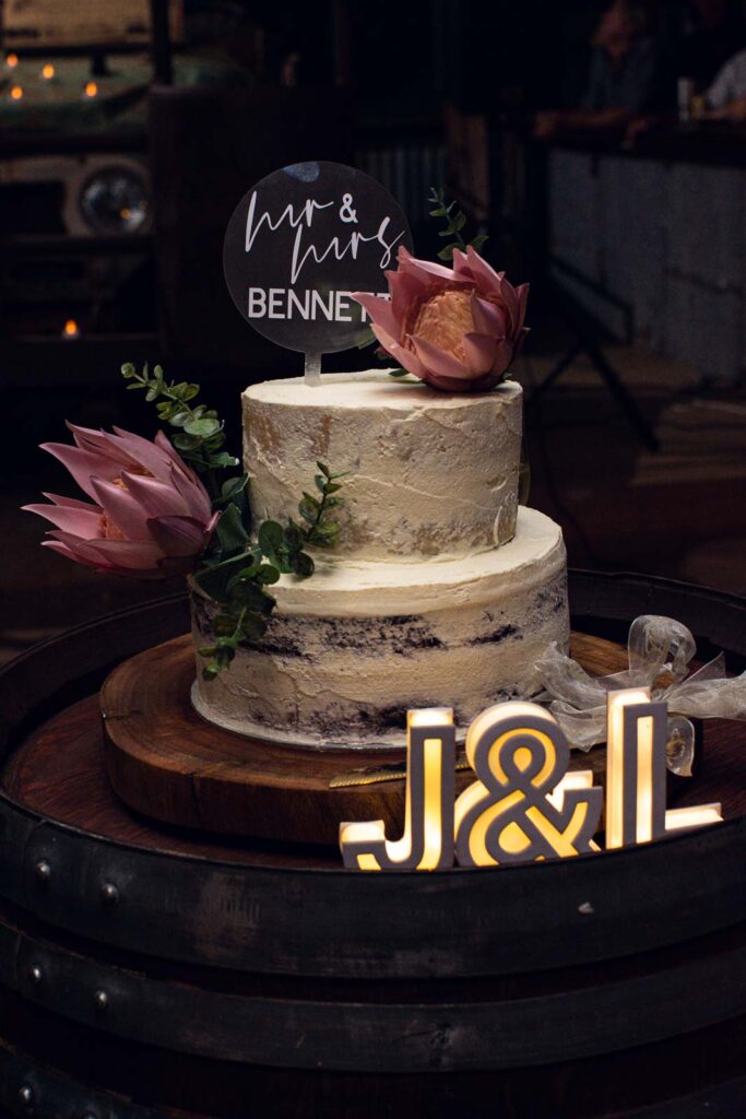 Detail of two tiered wedding cake.